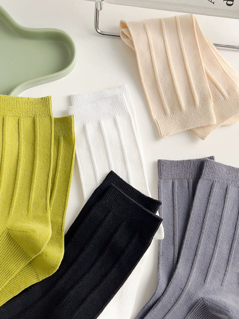 [5 Pairs] Spring Summer Pure Cotton Simple Twist Bright Color Series Bunching Socks