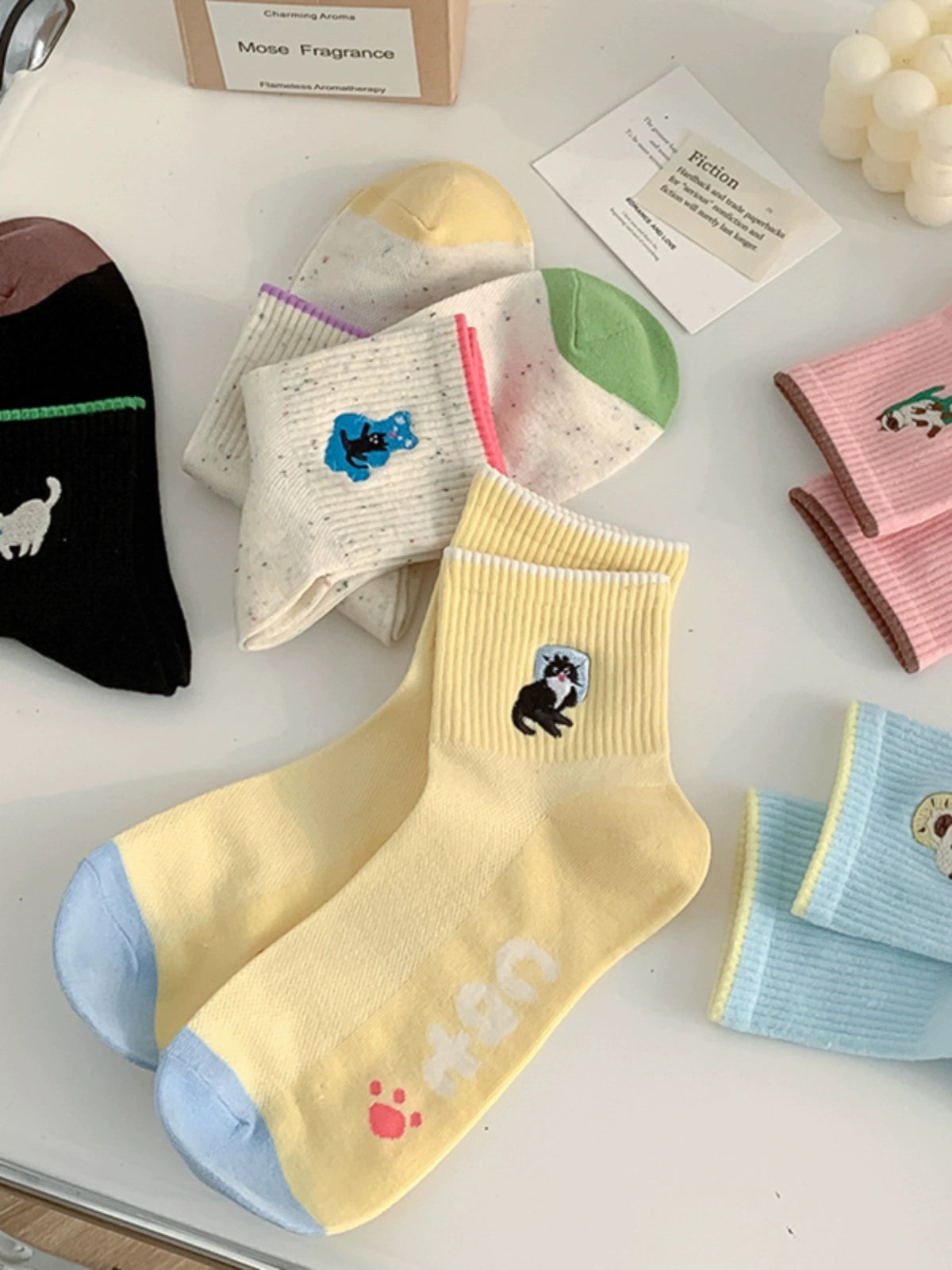 [6 Pairs] Summer Thin Cartoon Embroidery Korean Style Pure Cotton Cute Wear