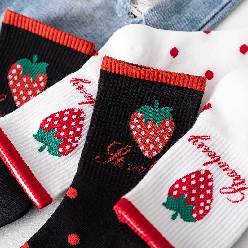 3 Pairs Spring and Summer Thin Mid-Calf Cute Black and White Strawberry Polka Dot South Korea Dongdaemun Same Product