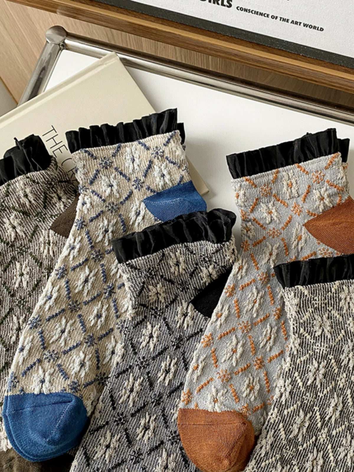 [5 Colors] Dashang Dashed Rhombus Lace Women's Short Spring and Summer Fashion Socks