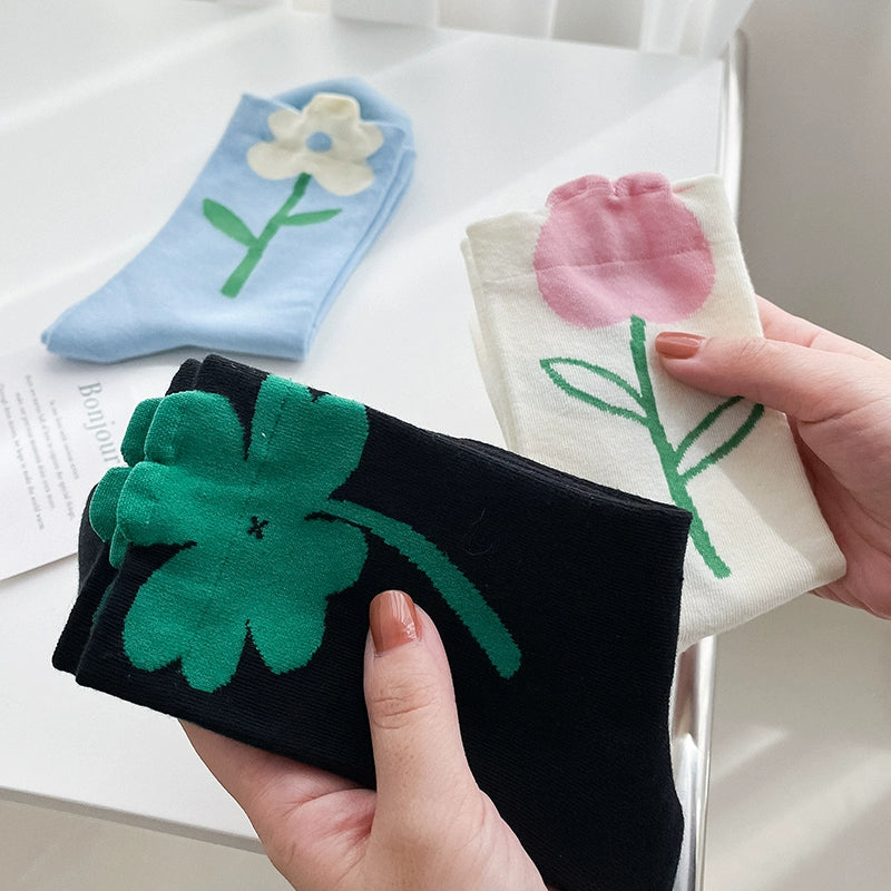 [3 Pairs] Three Flowers in Spring and Summer Look Good in Any Way. Pure Cotton Sweat-Absorbent