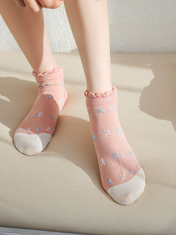 [5 Pairs] Summer Pink Plant Flower Boat Socks with White Shoes Students' Favorite
