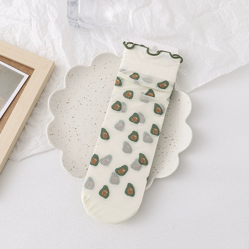 [3 Pairs] Lolita Style Summer Ultra-Thin Silk Fruit Dark Flower White Wear Lace Design