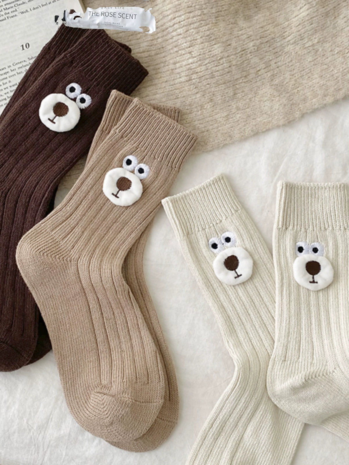 [5 Pairs] 3D Cartoon Bear Head Simple and Easy to Match College Style Kawaii