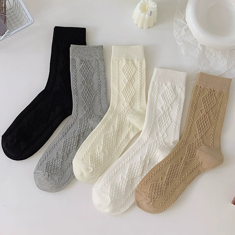 [2 Pairs] Spring and Summer Twist Thin Pure Cotton 3D Rhombus Stripe Socks