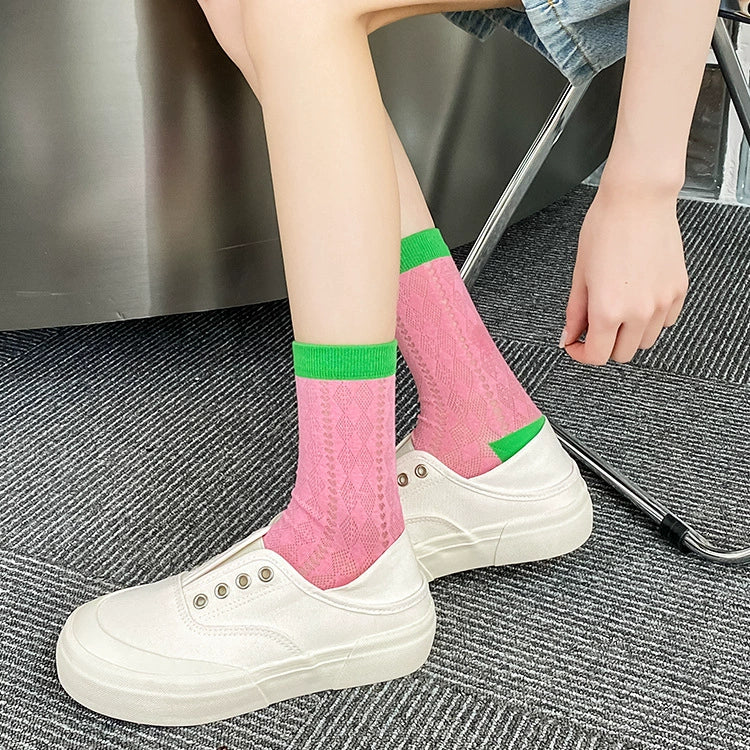 [3 Pairs] Dopamine Summer Thin Hollow Diamond Contrast Color Female Mid-Calf Length and Breathable Mesh Comfortable Pure Cotton
