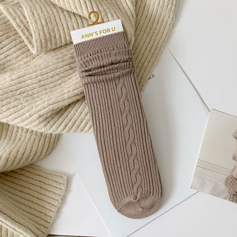 [2 Pairs] Spring and Summer Solid Color a Little Retro Bunching Socks Cashmere Material Comfortable and Soft