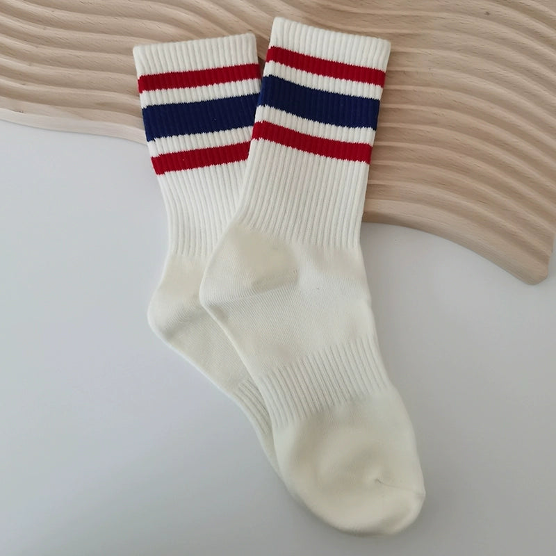 [2 Pairs] Japanese Style Mid-Calf High Length Women's Two Bars Trendy Cotton College Sports Style Cotton Material