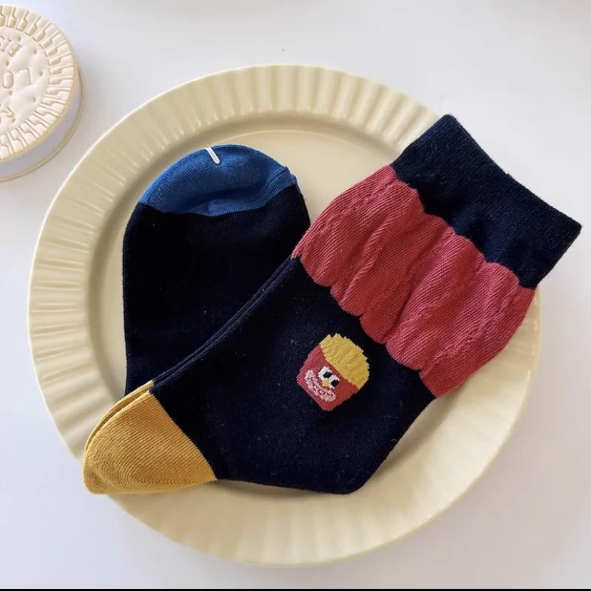 [3 Pairs] Spring Summer Pure Cotton Thin Funny French Fries Street All-Match Cute Fashion