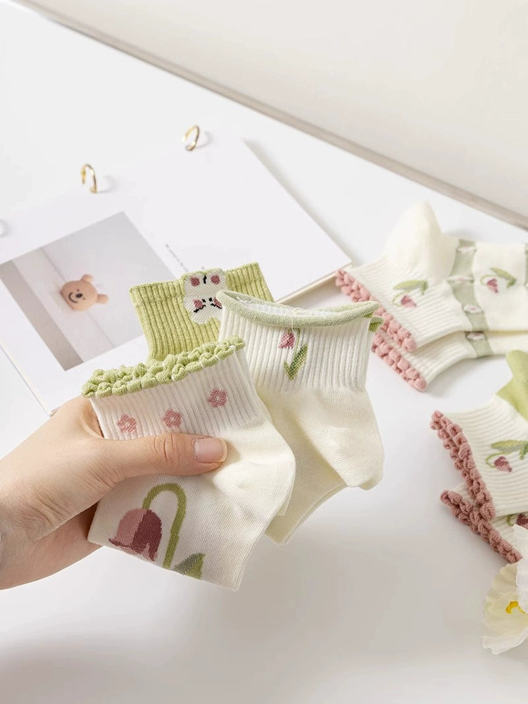 [5 Pairs] Summer Cool Little Green Boat Socks Tulip Gradually Love