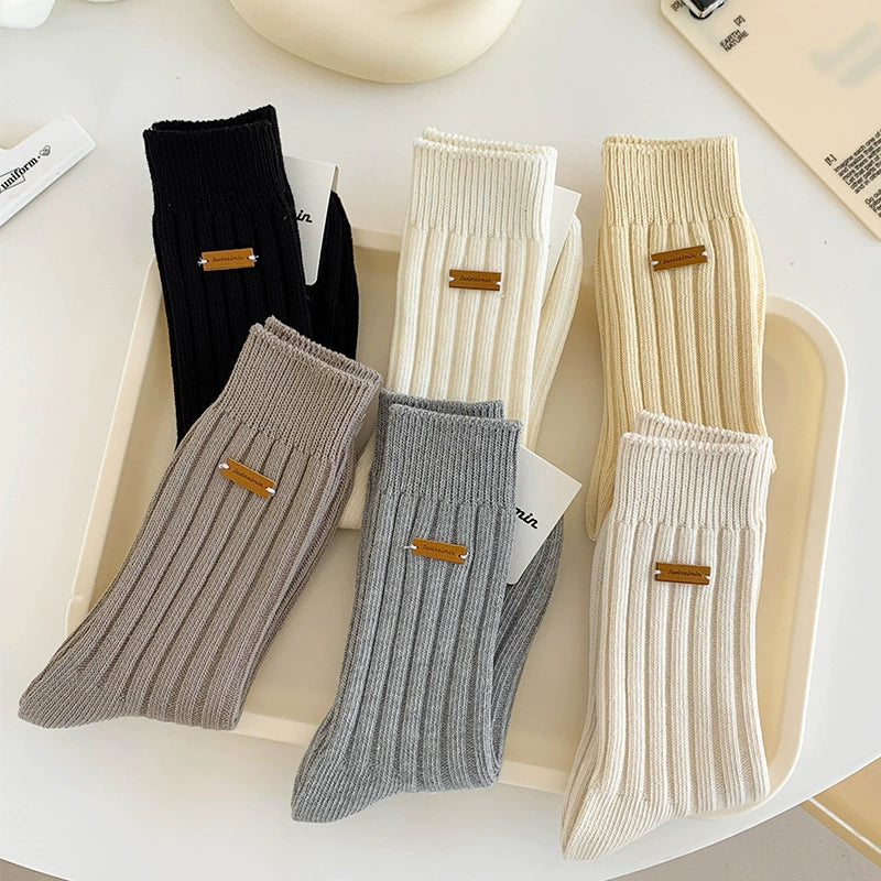 [5 Pairs] Spring and Summer Niche Leather Tag Mid-Calf Length College Style South Korea Trendy Wear