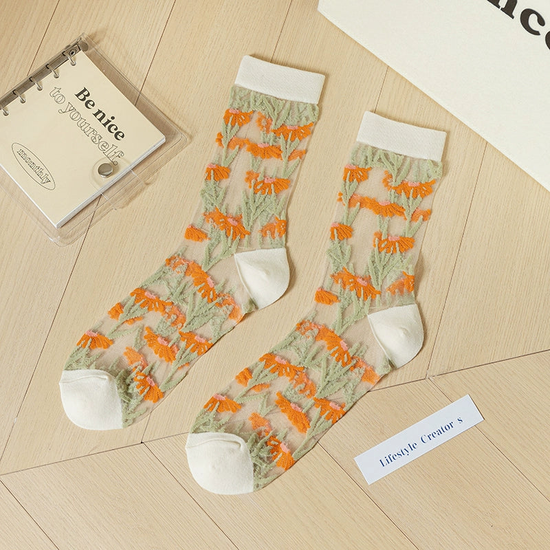 [4 Pairs] Summer Thin Kanekalon Tube Socks Flowers Bloom with Vitality