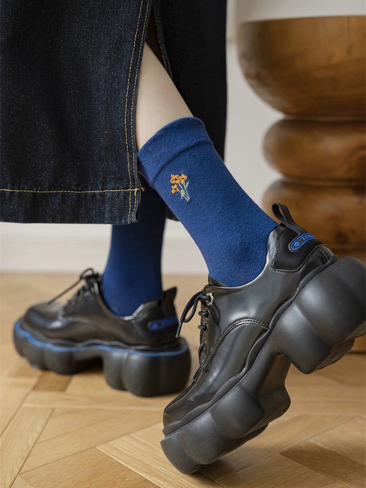 [2 Pairs] Spring and Summer Thin Pure Cotton Embroidery Plant Flowers Klein Blue Wear Match Well