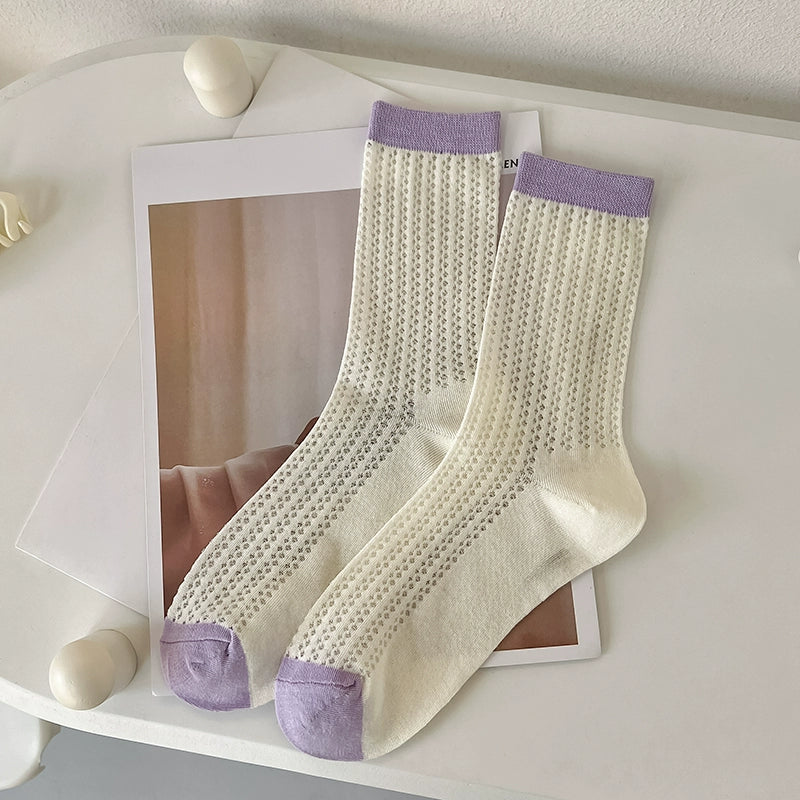 [7 Pairs] Spring and Summer Thin Breathable Hollow Decorative Pure Cotton Mid-Calf with Small White Shoelaces