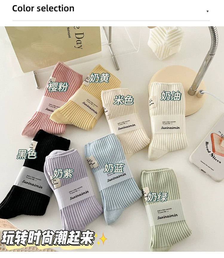 [3 Pairs] Socks Women's Spring and Summer Cotton Double Needle Bunching Socks Japanese Heel Cloth Label Macaron Tube Socks