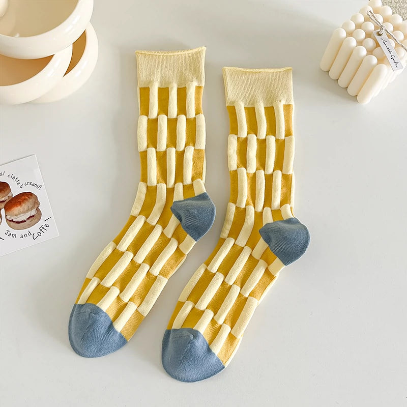 [5 Pairs] Spring and Summer Dopamine Color Three-Dimensional Relief Loose Bamboo Joint Pure Cotton Japanese Loose Mouth