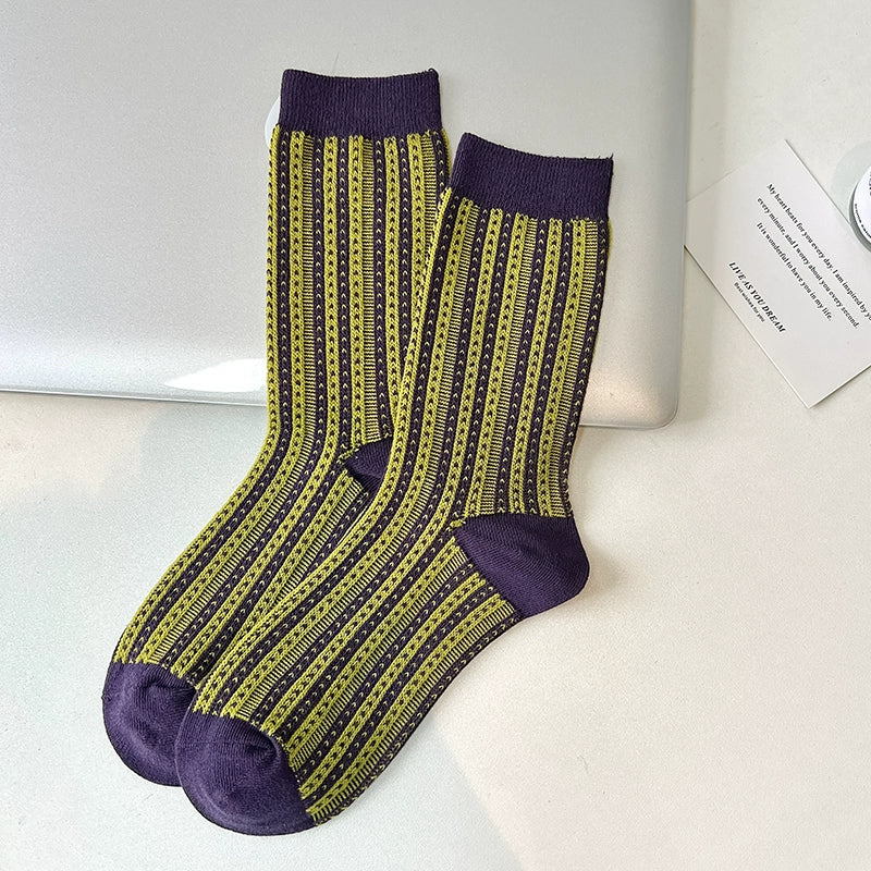 [3 Pairs] Purple Striped Personality Youth Double Needle Retro Mid-Calf Length Pure Cotton All-Match