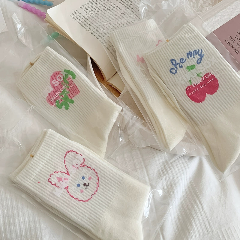 [4 Pairs] Spring and Summer Cute Cartoon White Preppy Style Rabbit Cherry Solid Color Wear