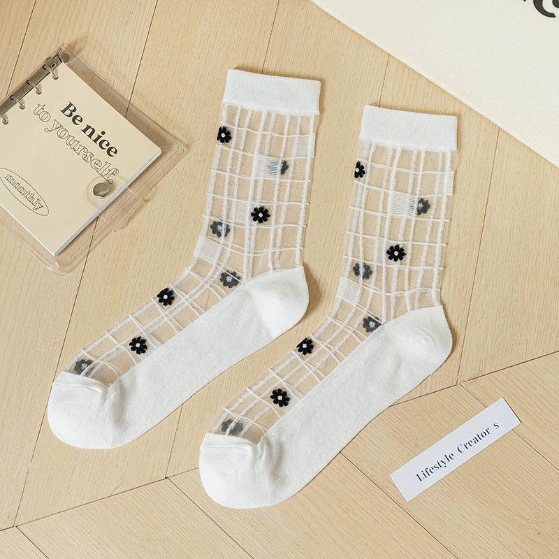 [4 Pairs] Summer Thin Kanekalon Tube Socks Flowers Bloom with Vitality