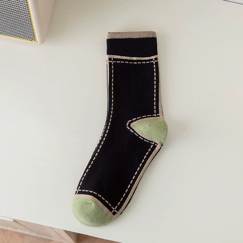 [5 Pairs] Pure Cotton Spring and Summer Color Virtual Pocket Picture Women's Thin Socks Looks Very Fashionable