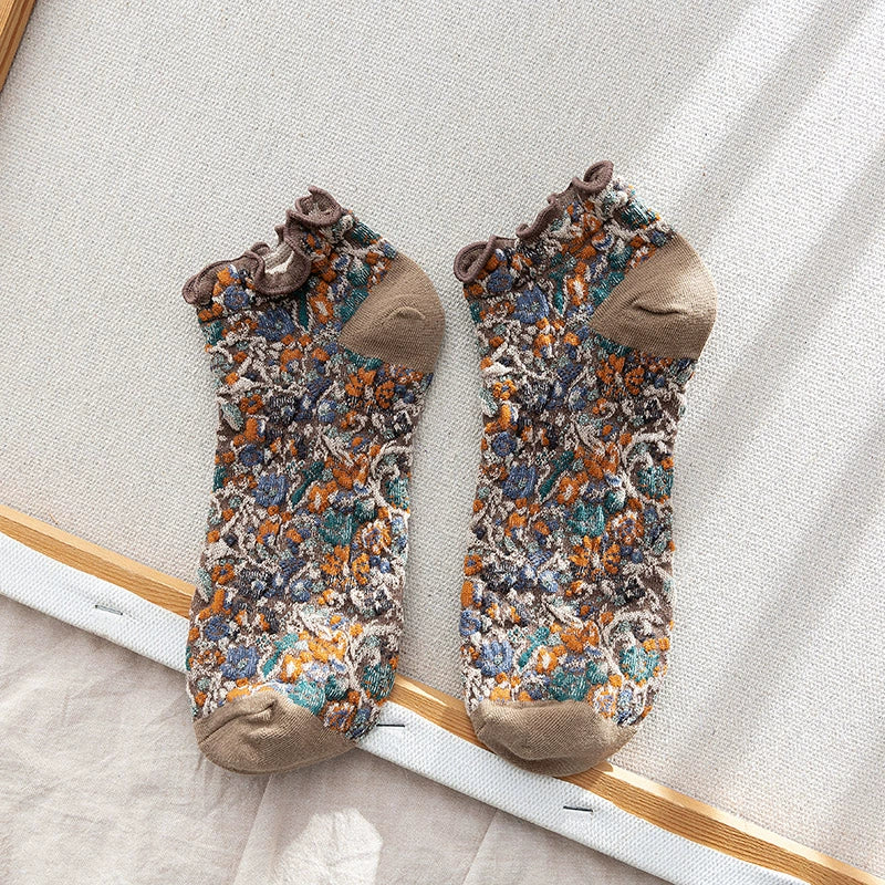 [5 Pairs] Short Lace Totem Ethnic Style Mori Style Spring and Summer Women's Pure All-Match Leather Shoes with Skirt