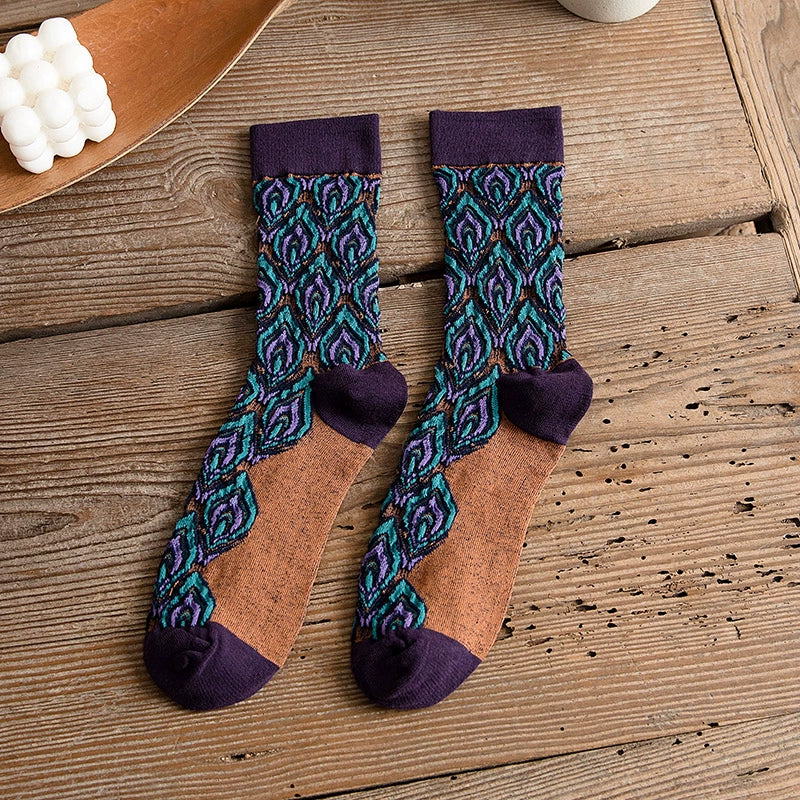[2 Pairs] Spring and Summer Retro Peacock Feather Is Very Nice Tube Socks