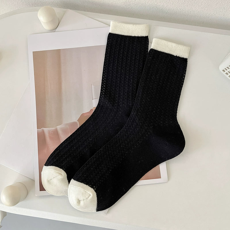 [7 Pairs] Spring and Summer Thin Breathable Hollow Decorative Pure Cotton Mid-Calf with Small White Shoelaces