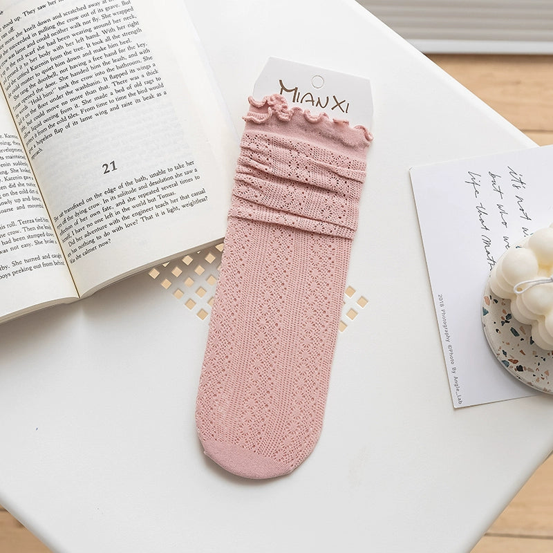 [5 Pairs] Summer Mesh Breathable Ruffled Pure Straight Socks Match Well