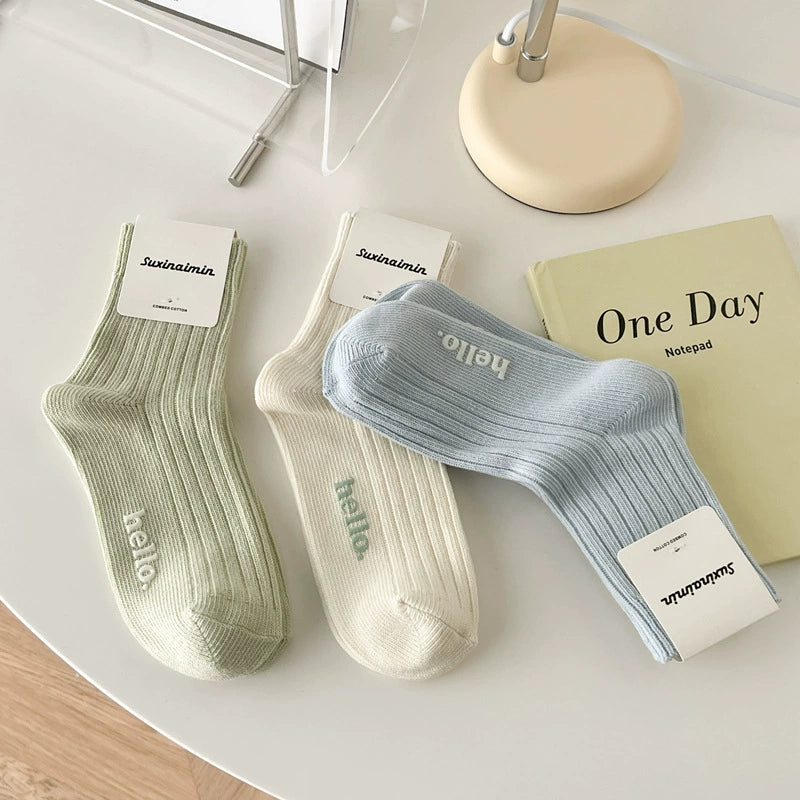[5 Pairs] Spring and Summer Thick Thread Hot Stamping Macaron Fresh South Korea Cream Color Female Middle Tube Socks