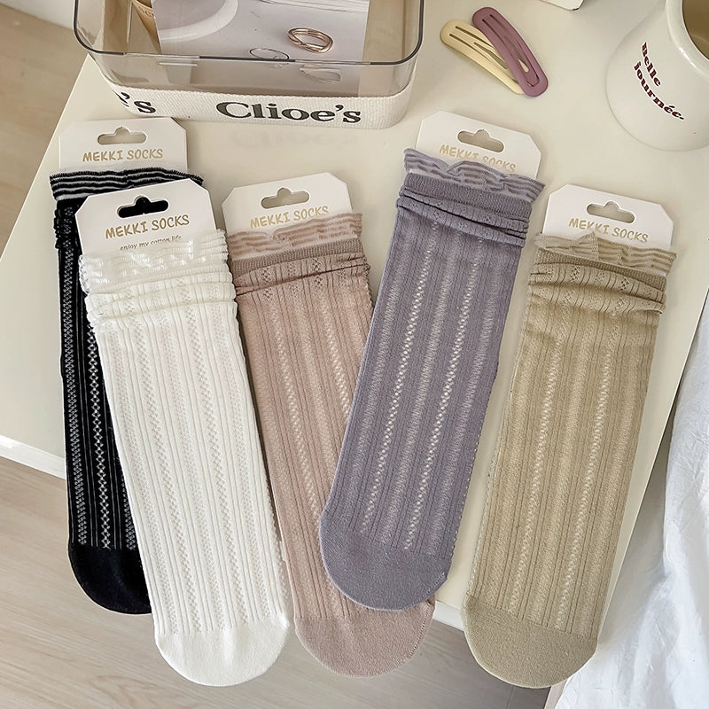 [5 Pairs] Summer Breathable and Simple Comfortable College Style Girl Mid-Calf Length Loose Socks
