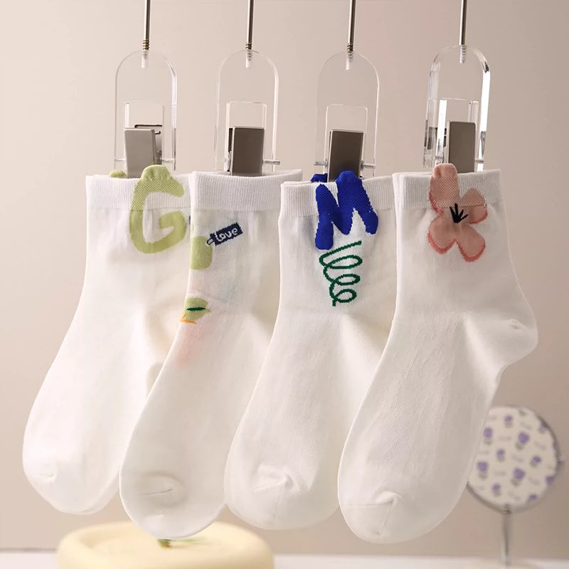 [4 Pairs] Spring and Summer Thin Letters Combed Cotton Comfortable Breathable and Simple Wear