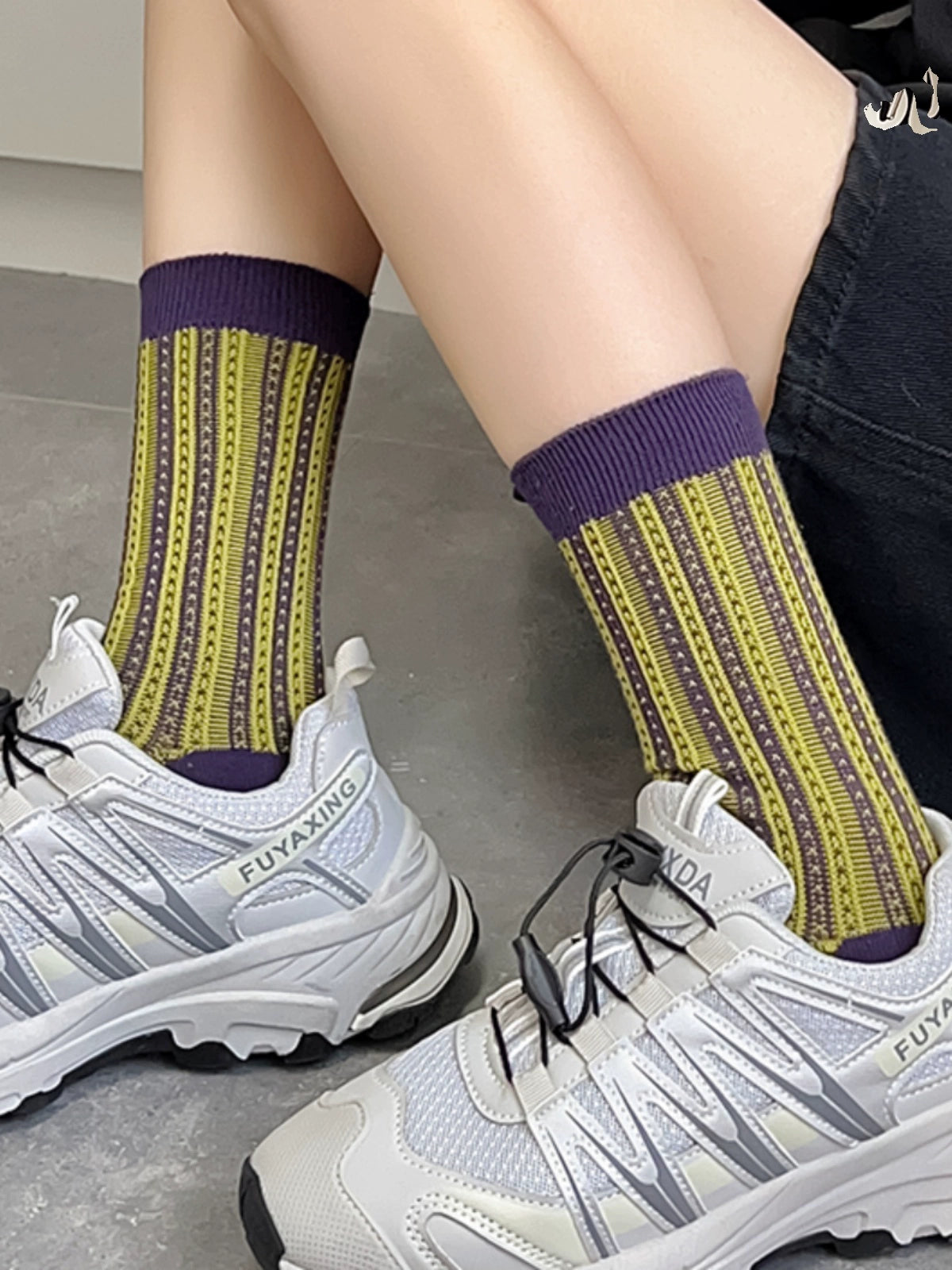 [3 Pairs] Purple Striped Personality Youth Double Needle Retro Mid-Calf Length Pure Cotton All-Match