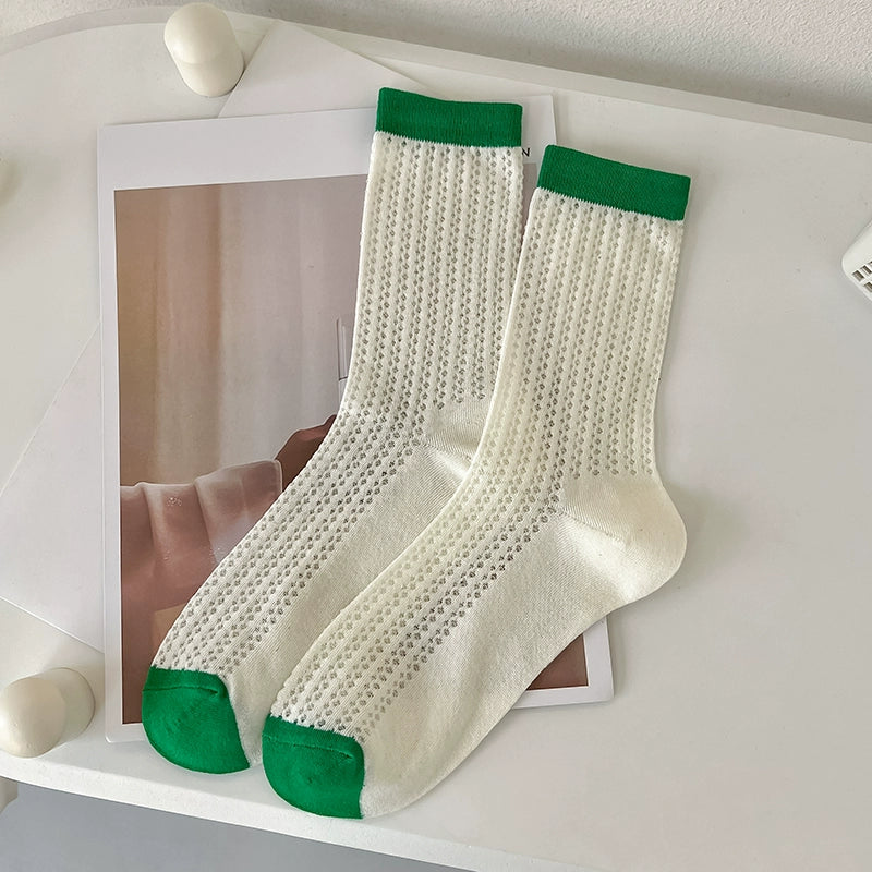 [7 Pairs] Spring and Summer Thin Breathable Hollow Decorative Pure Cotton Mid-Calf with Small White Shoelaces