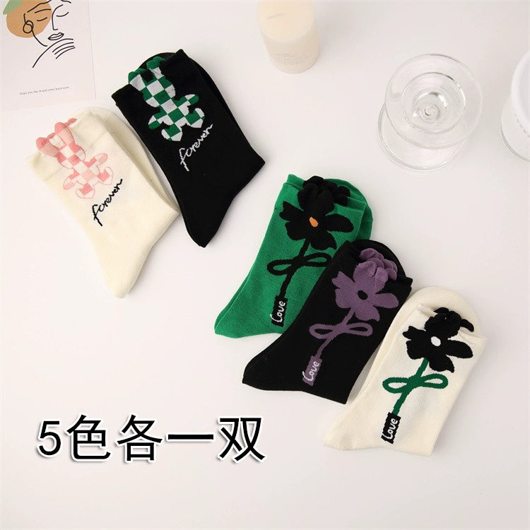 [5 Pairs] Spring Summer Pure Cotton Three-Dimensional Mori Style Wear with Flowers of Various Colors