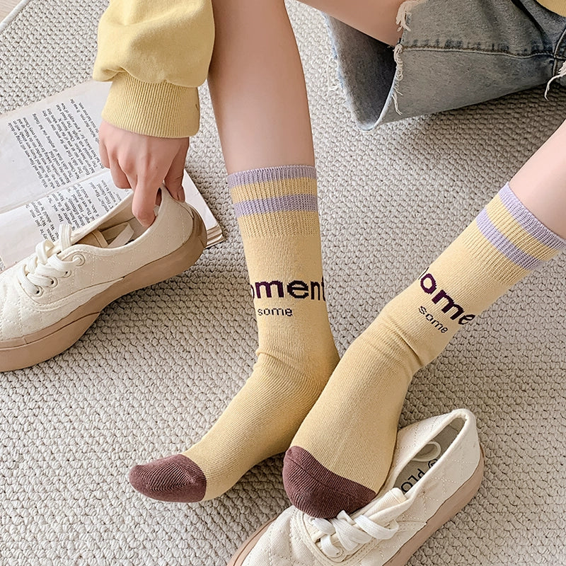 [6 Pairs] Spring and Summer Fashion Letters College Style Simple Pure Cotton Mid-Calf