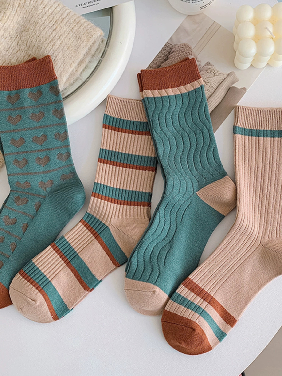 [4 Pairs] Sorry I'm Late, Girl Spring and Summer Double Needle All-Match College Style Mid-Calf