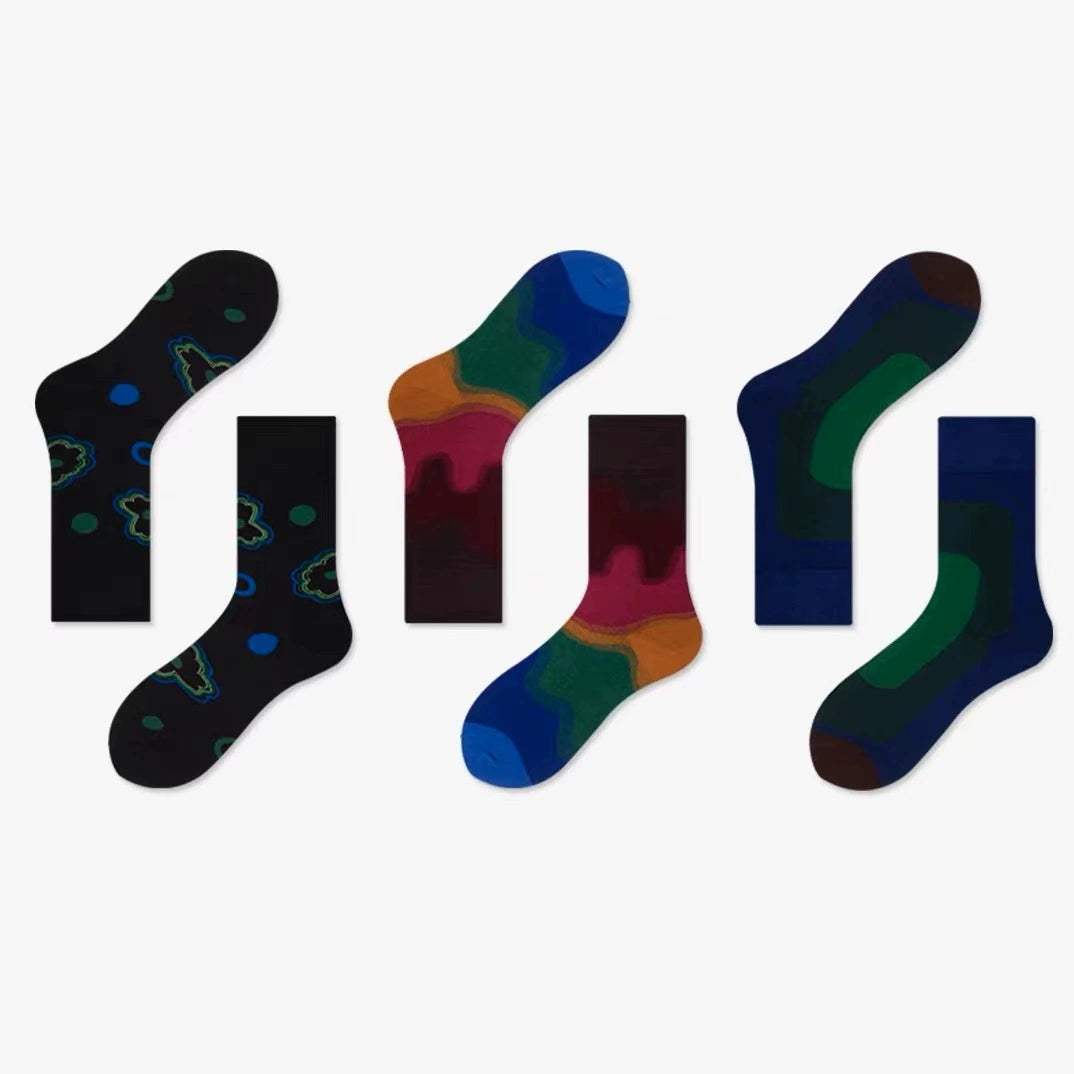 [3 Pairs] Spring and Summer Gradient Starry Sky Striped Block Fashion Trendy Mid-Calf Length Socks
