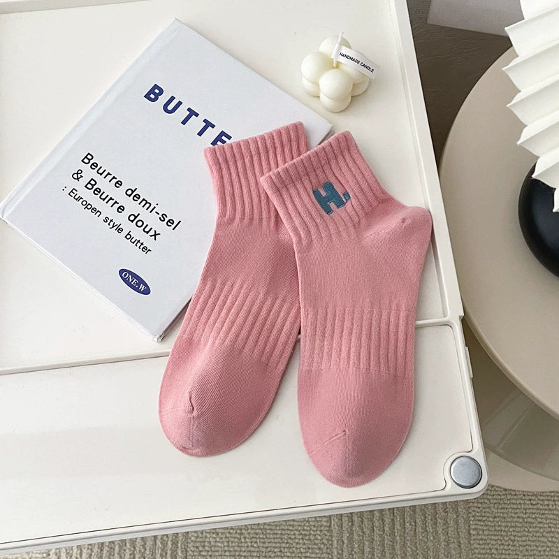 [2 Pairs] Embroidery H. Sports Shallow Mouth Short and Mid-Calf Length Women's Socks All-Match Beautiful Candy Color
