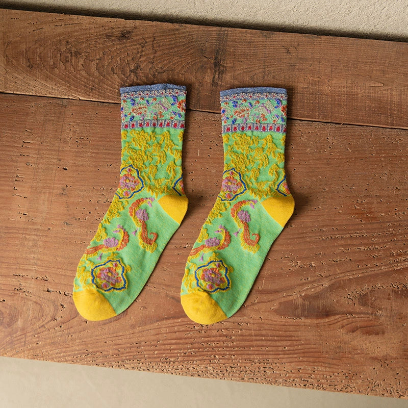 [2 Pairs] Vintage Court Style Blossoming Flowers Spring and Summer Pure Cotton Socks
