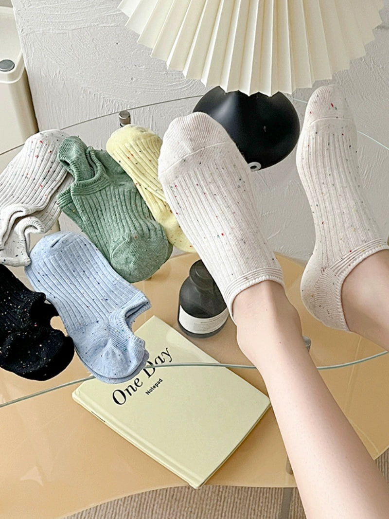 [5 Pairs] Spring and Summer NEPs Yarn Thin Thick Thread Knitted Comfortable Solid Color Boat Socks