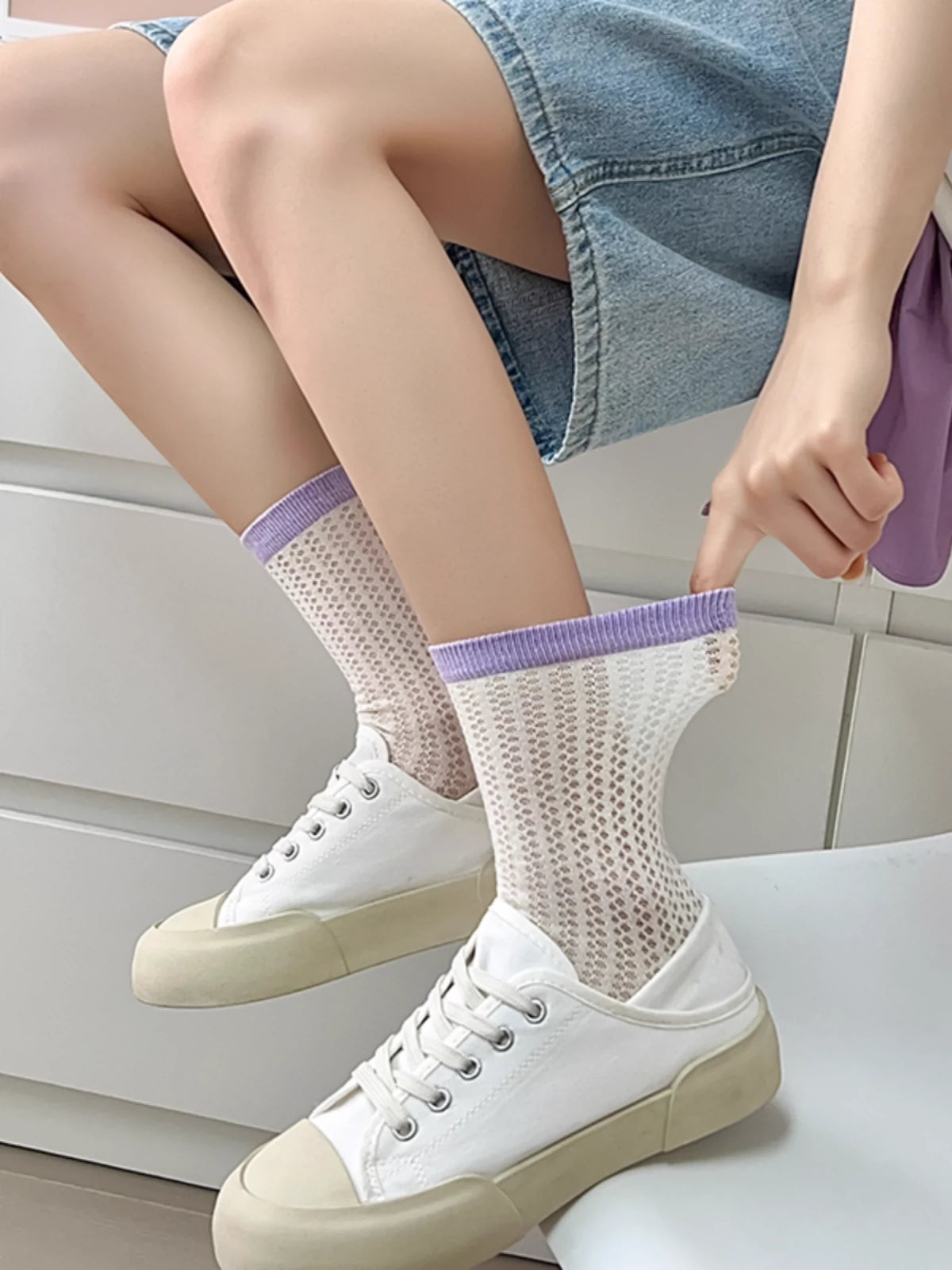 [7 Pairs] Spring and Summer Thin Breathable Hollow Decorative Pure Cotton Mid-Calf with Small White Shoelaces