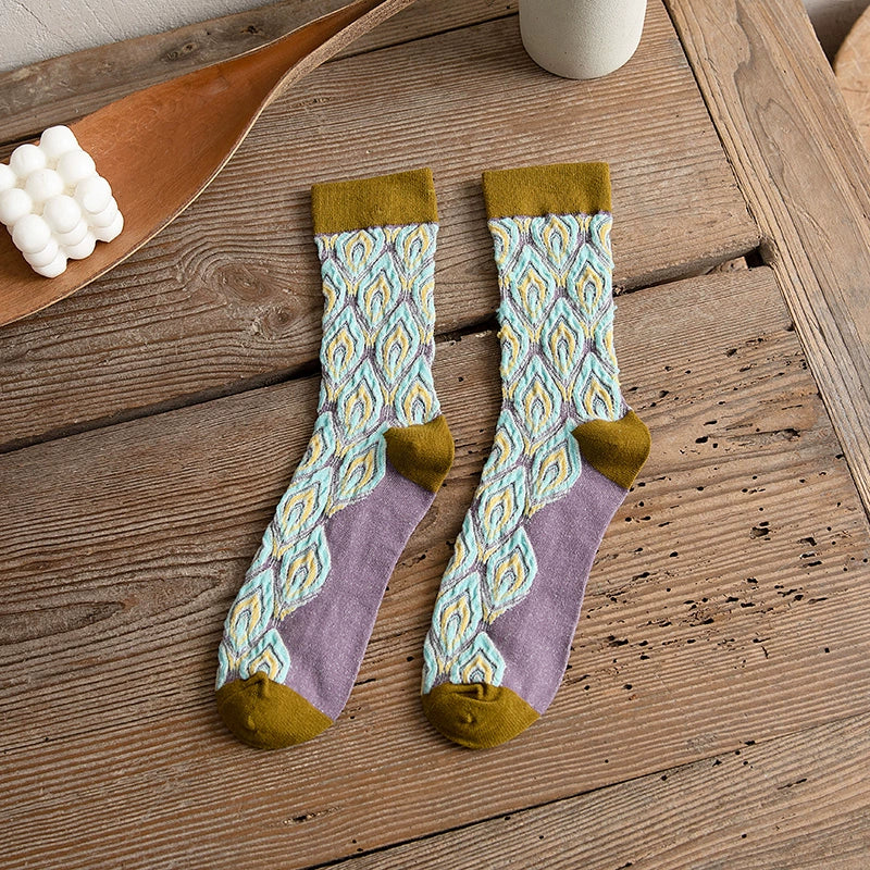 [2 Pairs] Spring and Summer Retro Peacock Feather Is Very Nice Tube Socks