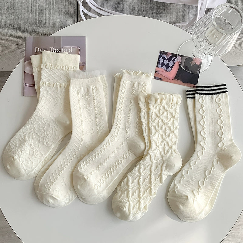 [5 Pairs] Thin Solid Color Japanese Style White Simple to Wear