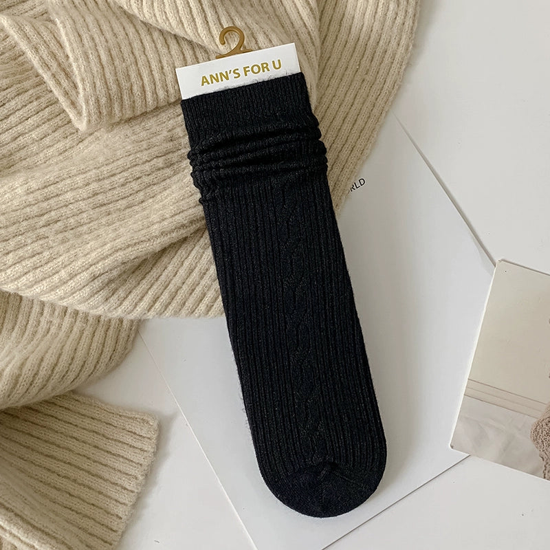 [2 Pairs] Spring and Summer Solid Color a Little Retro Bunching Socks Cashmere Material Comfortable and Soft