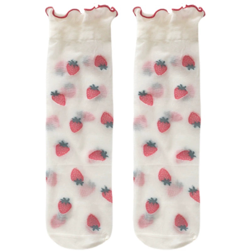 [3 Pairs] Lolita Style Summer Ultra-Thin Silk Fruit Dark Flower White Wear Lace Design