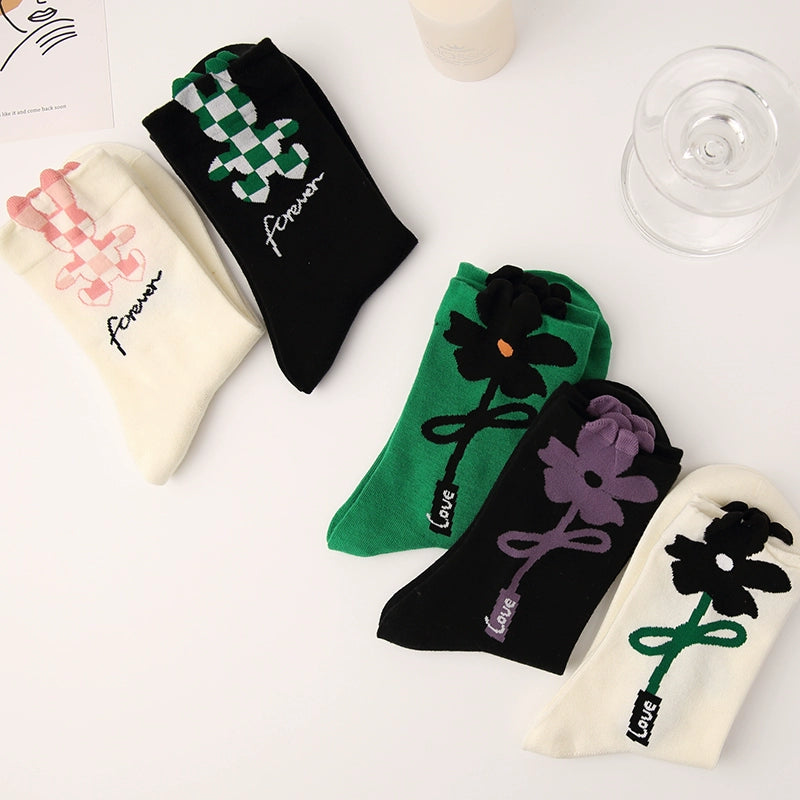 [5 Pairs] Spring Summer Pure Cotton Three-Dimensional Mori Style Wear with Flowers of Various Colors