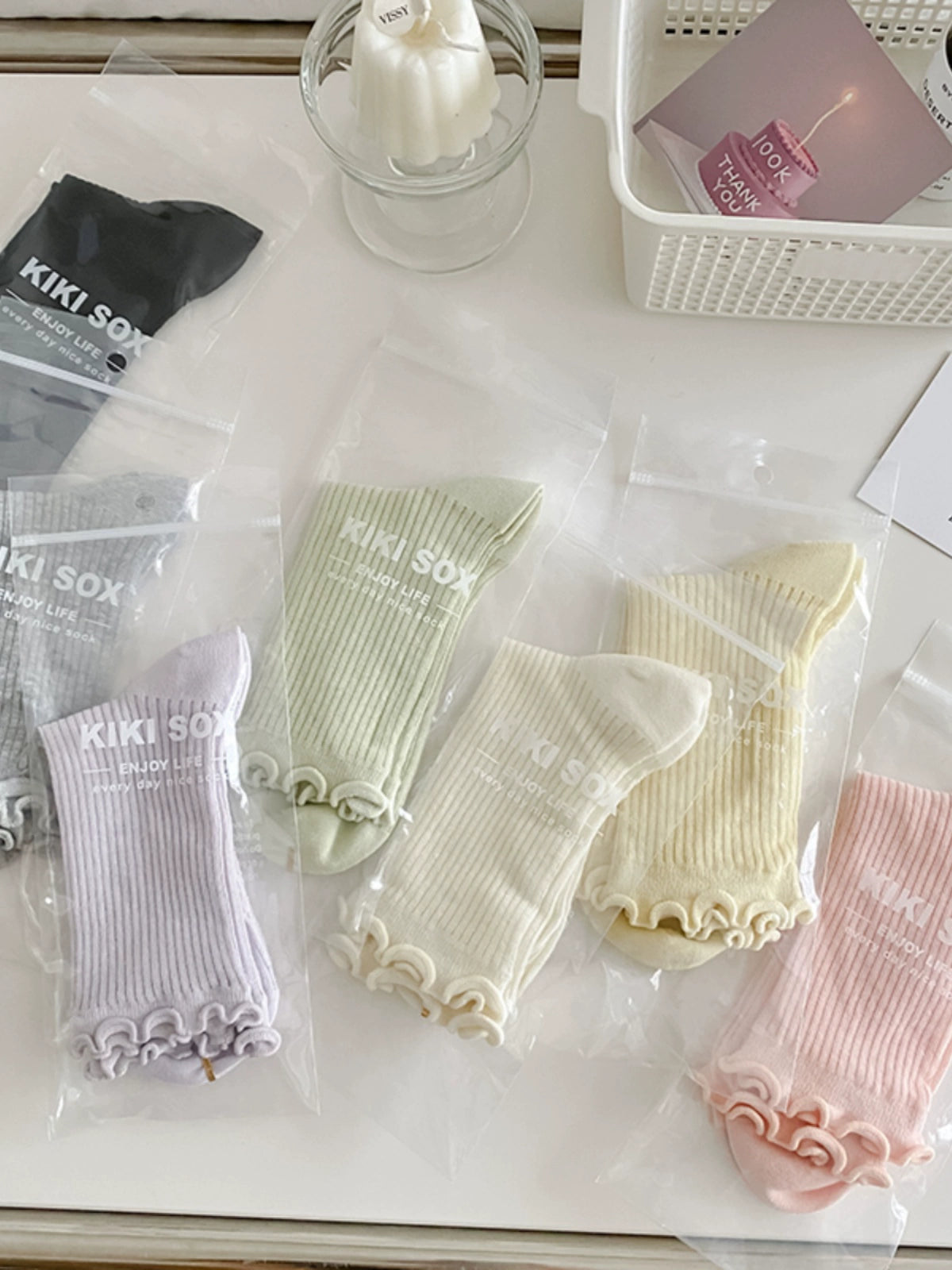 [5 Pairs] Thin Wooden Ear Macaron Color Series Pure Cotton Breathable Thin