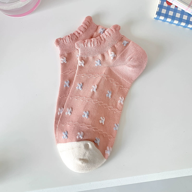 [5 Pairs] Summer Pink Plant Flower Boat Socks with White Shoes Students' Favorite