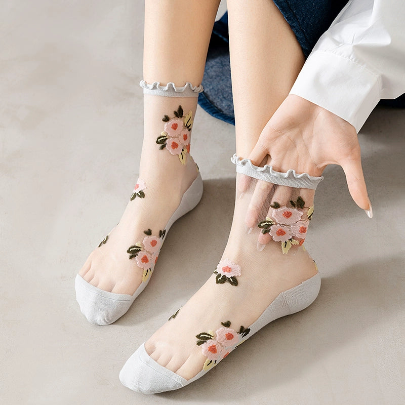 [5 Pairs] Spring and Summer Season Card Silk Breathable Wooden Ear Little Flowers Thin Breathable