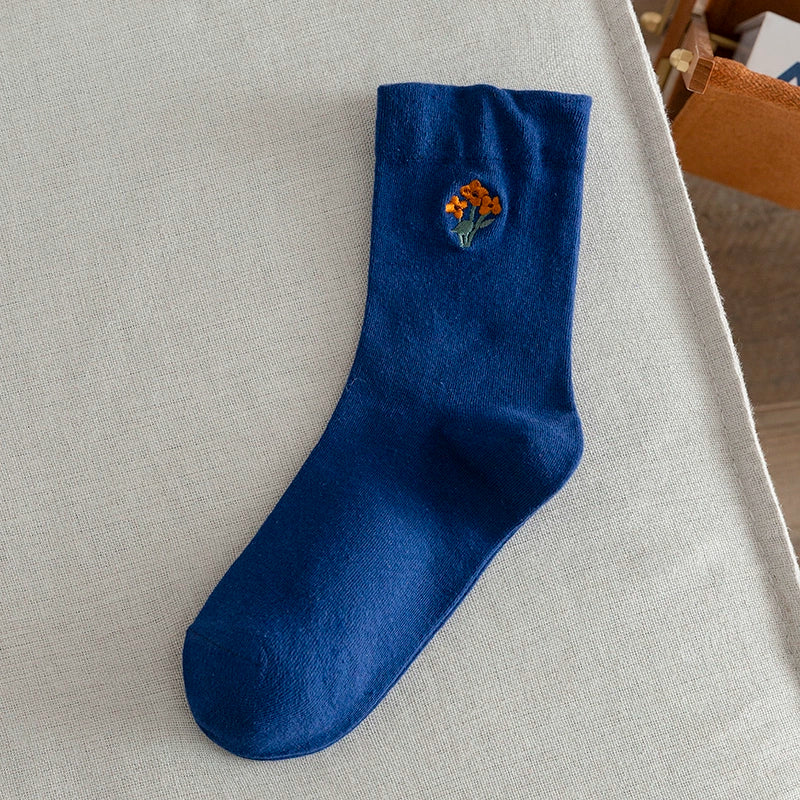 [2 Pairs] Spring and Summer Thin Pure Cotton Embroidery Plant Flowers Klein Blue Wear Match Well